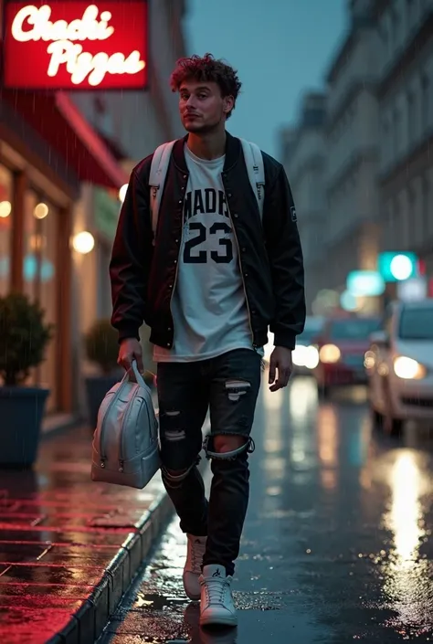 Man 25 years old, black bomber jacket ,  white Real Madrid t-shirt ,  ripped denim black pants ,  Nike Air Jordan sneakers and white ,  for night in France , walking, white backpack , It is raining, Charcos,  sign behind with the word written Chachi pizzas...