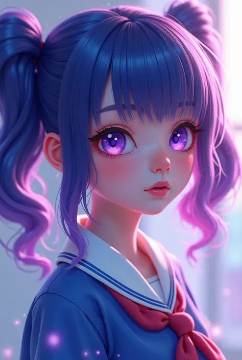 girl,  teenager, dark dark blue hair with purple and pink highlights, light purple skin color , purple eyes,  cyan blue school clothes and cyan sneakers,