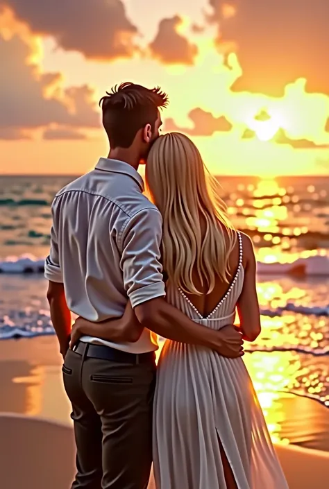 Beach view kuka otirwn black hair white shirt black pants man with yellow straight hair white dress woman in white dress cuddles with sea view Kladam woman watch sea sun sunrise light hit the sea realistic view sinamatic look cinamatic lighting cinamatic p...