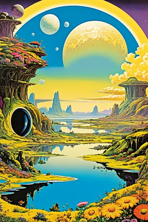  Josh Kirby style - Vibrant and eccentric landscape of an alien planet with flowers, vast lakes and views ,  yellowish sky with big clouds, gigantic moon in the sky , Caves and waterfalls in the background,  1970s science-fiction comic art ,  image filler ...