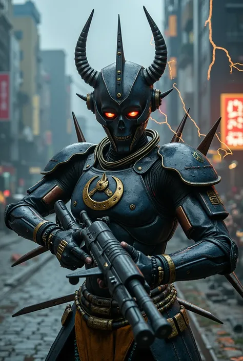 Japan in 2050、 The warrior looks like a fusion of samurai, skulls, aliens, predator, and terminator look here in a flashy pose、 has 3 arms on the left and right like an Asura statue, and holds 4 swords and a cyber ray gun raised, respectively、 the face is ...