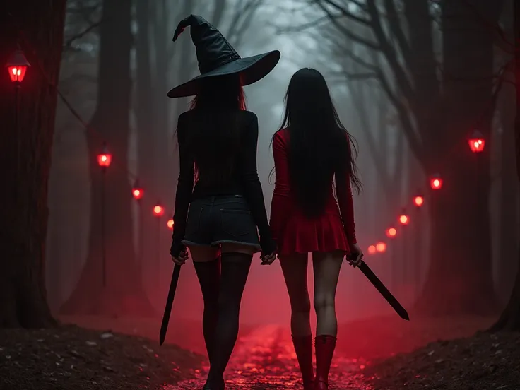  dark valley with red lights , a witch in short and tight black clothes with a witchs hat and long black hair next to a witch in red clothes and a red micro-skirt and long black hair with red highlights, both with knives in her hand 