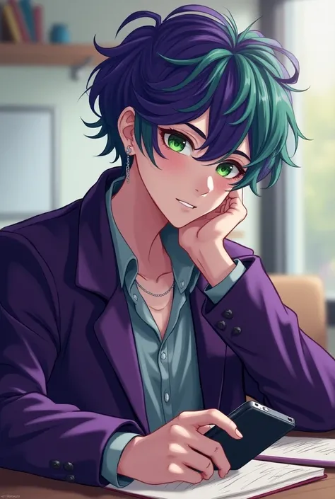 Extroverted character
teenager 
Purple and green hair 
Green eyes 
Seriously cute
Is there a cell phone 
Studying 
Very beautiful cute hair too beautiful 
And male 
Cute purple coat gorgeous messy hair 