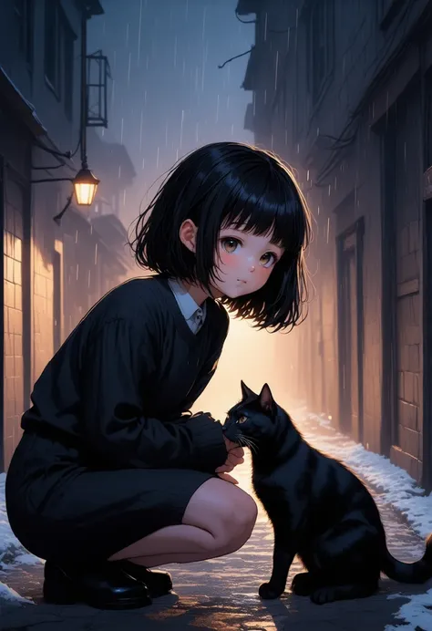 anime,best quality,A serene illustration of a young girl with a shaggy bob haircut and black hair, wearing a black sweater. She is crouching on a quiet November evening, her profile turned slightly as she gently reaches out to touch a black stray cat. The ...