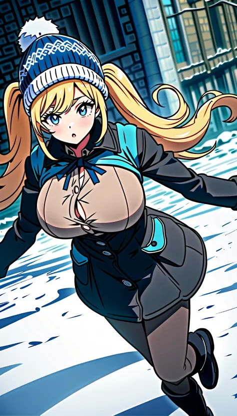 Nordic knit hat, down coat,(button gap:1.3), snow boots, snowy city,BREAK,
(Long twintails,blue ribbon:1.4), BREAK, blonde, very curly hair, bright blue eyes, (big breasts: 1.5), BREAK,
anime style,(best quality,4k,8k,highres,masterpiece:1.2),ultra-detaile...