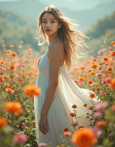 there is a woman standing In a field of flowers with a white dress, In a field of flowers,  With Flowers , photo of a  beautiful woman , gorgeous  beautiful woman , Beautiful woman ,  beautiful woman , Gorgeous and beautiful , in a field  With Flowers , ve...