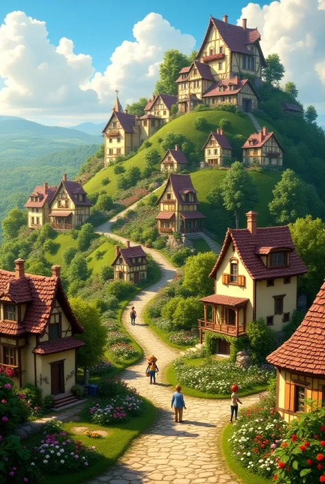 Create a city on a hill, with peasant style houses, with gardens, flores, people, in the Disney Pixar style 