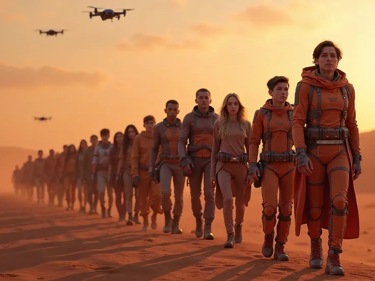  A line of humans of all ages ,  dressed in futuristic costumes ,  extends across the Martian horizon under a reddish sky .  Each face displays determination and intelligence , with ren,  adults and the elderly radiating health and vitality .  The 4K light...