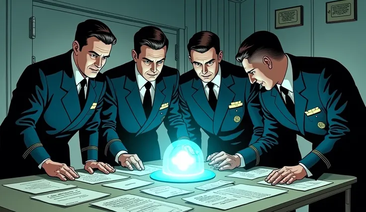 A cold, sterile laboratory with men in 1950s military uniforms examining a strange device emitting a faint blue glow. Papers marked "TOP SECRET" and diagrams of experimental weapons are scattered across a table. Comic book style 