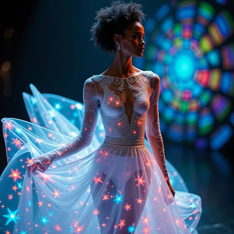 A dizzying whirlwind of kaleidoscopic patterns, a holographic display dances before the viewers eyes. In this high fashion photograph, a futuristic, avant-garde model is depicted wearing a shimmering dress that reflects a myriad of colors and shapes. The i...