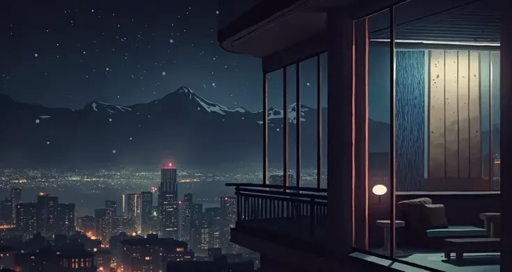 Create a digital illustration in a lofi style featuring a rainy night scene viewed from a rooftop apartment. Show a cozy, modern interior through large glass windows, with warm lights casting a soft glow inside. Outside, a cityscape stretches into the dist...