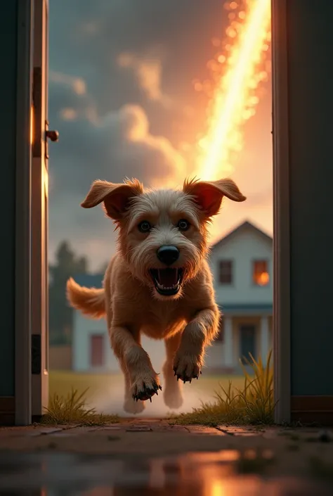 generates an image of a dog that is escaping from home because a meteorite will fall on top of his house and he runs away through the
Door very sad and scared