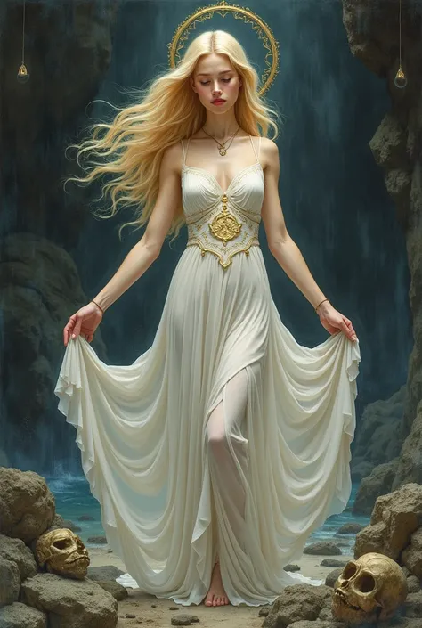 beautiful goddess of healing and mercy blond in a translucent white loose dress dark fantasy drawing with pencils and paints