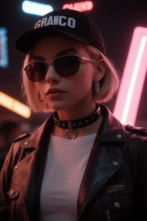 plano cercano del rostro, Alternative girl,  looking over black sunglasses , jacket, collar,  neon light reflections on the skin , earring, make-up,  skin imperfections ,  short hair , cap, neon light background , low light,  depth of field , Altamente det...