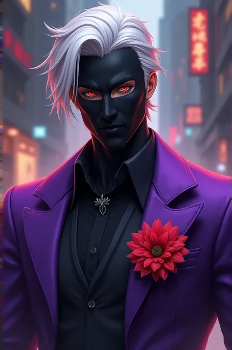  Free Fire style male character with purple suit and red flower, white hair with earring and black mask 