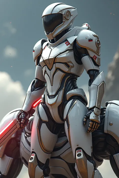  Imagine a space warrior wearing white armor with silver.  With Metaltex red details and a Lazer sword in hand . On the shoulder of a giant robot .  Accompanying the same colors as the warrior .