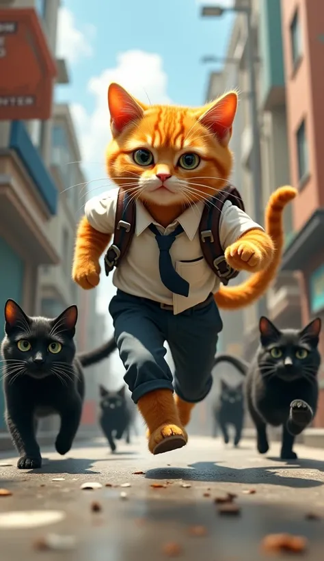 The orange cat wear school uniform is running away from the black cats, its bag bouncing, with a worried expression.