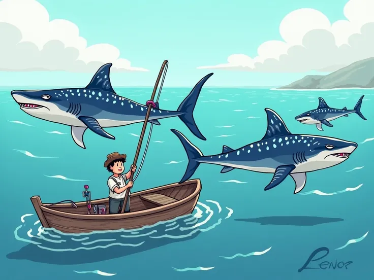 DIY drawing from the Fisch-Roblox game - there is a big sea and in the sea, a fisherman stands in a boat and catches several whale sharks