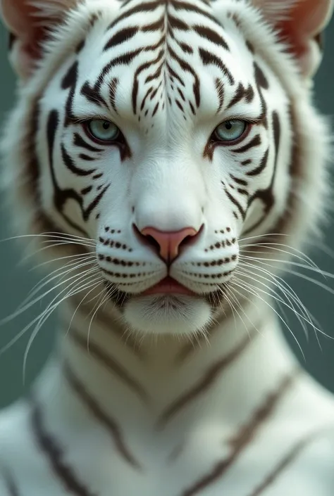 A woman with rare beauty , with the feline style of an albino tiger and a tiger costume 
I want you to show her face with a feline look