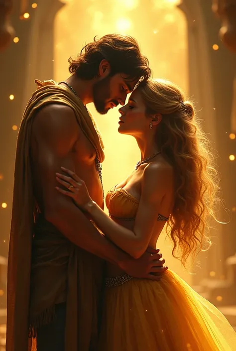  Epic, masterpiece, dramatic light, golden glitters, best portrait, golden soft background, depth of field, couple, a very poor young man with torn loose cloth standing on a high place, a beautiful  naked princess bent down to mans feet, princess is crying...