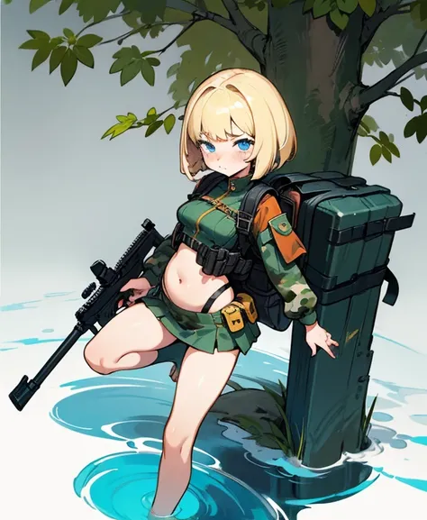  1 girl,  shortcut , Blonde,  blue eyes, Bob Hair,  Blushing ,  frowns, Awkward,  metallic dark green camouflage military uniform, miniskirt that snaps around the knee, Very Small Breasts ,background tree sea , wide angle shot ,Im wearing a plate carrier, ...