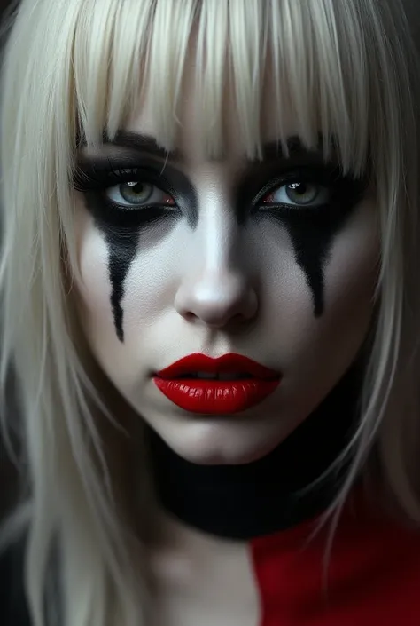   a close up of a woman wearing black and white makeup and red lipstick, lady gaga artpop act ii album, lady gaga artpop act ii, artpop, with black eyes,  big red lips , Crying makeup , charli xcx, portrait of lady gaga, wearing war paint,  high-quality ar...