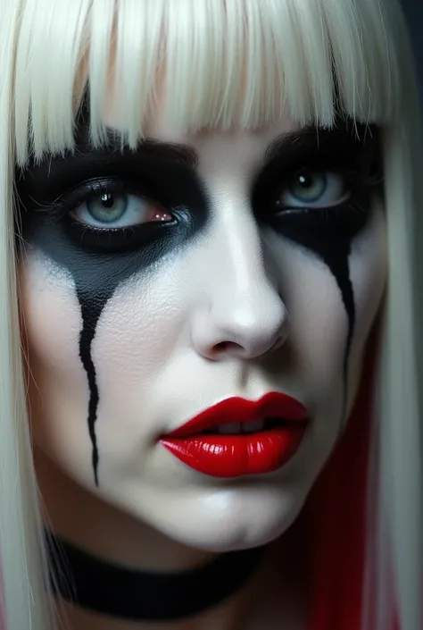   a close up of a woman wearing black and white makeup and red lipstick, lady gaga artpop act ii album, lady gaga artpop act ii, artpop, with black eyes,  big red lips , Crying makeup , charli xcx, portrait of lady gaga, wearing war paint,  high-quality ar...