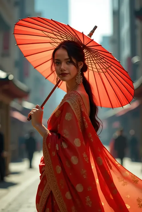 a beautiful woman, wearing an elegant indian silk saree, holding a traditional umbrella, walking on the streets of seoul, high fashion portrait, cinematic lighting, dramatic colors, photorealistic, (best quality,8k,detailed,photorealistic:1.4),(masterpiece...