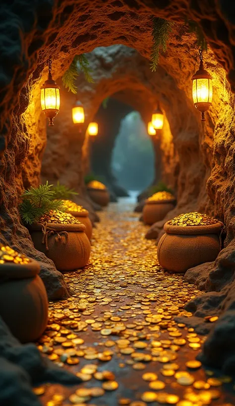 A mystical, treasure-filled cave with rugged stone walls and a pathway covered in sparkling gold coins. The cave is illuminated by warm, glowing lanterns hanging from above, decorated with ferns and small plants. Large sacks, filled and overflowing with go...