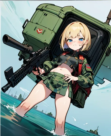  1 girl,  shortcut , Blonde,  blue eyes, Bob Hair,  Blushing ,  frowns, Awkward,  metallic dark green camouflage military uniform, miniskirt that snaps around the knee, Very Small Breasts ,background tree sea , wide angle shot ,Im wearing a plate carrier, ...