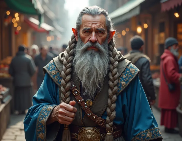 Dwarf merchant with greying hair and braided beard  wearing blue robes 