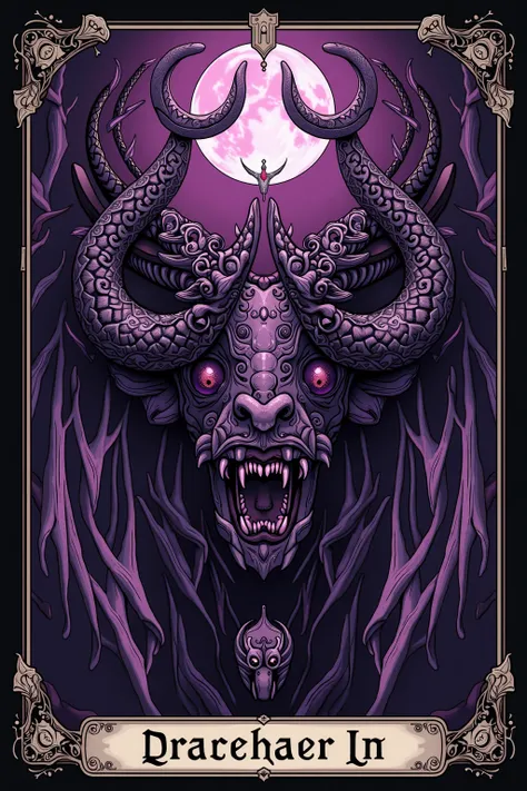  concept of symmetric tarot card art by Danahamm in a ( animalistic )+  purple tones ,  Lovecraft Madness Theme ,   by Lee Bursten , Tarot512 , 8K, high detail, intricate, caixa de Title na parte inferior, Title " preobrazba "