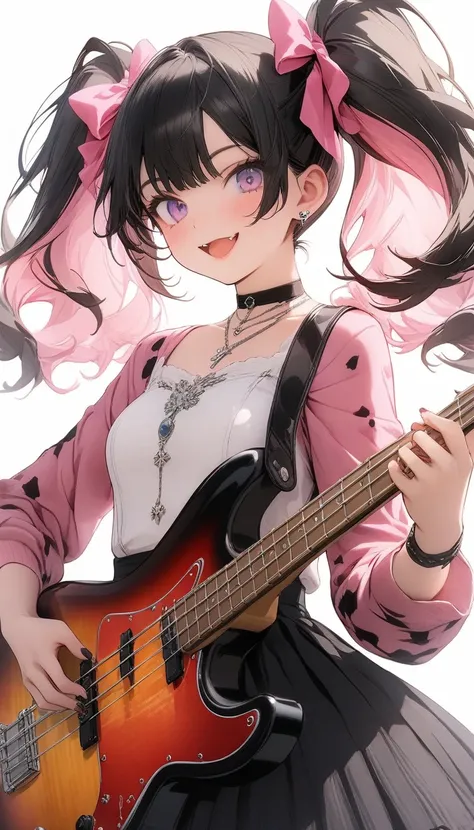 (masterpiece,  best quality,  best quality,  Official Art, beautiful、 Aesthetic :1.2), 1 person,バンドに所属するbeautifulてかわいい,   flashy patterned coat on bass guitar, beautiful and cute 、  band, pink inner short twin tails , ベースギターで 