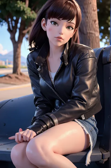 1girl, nsfw, blue sky, sitting on a bench, legs crossed, arms crossed, pouty face, cropped leather jacket, looking at the viewer