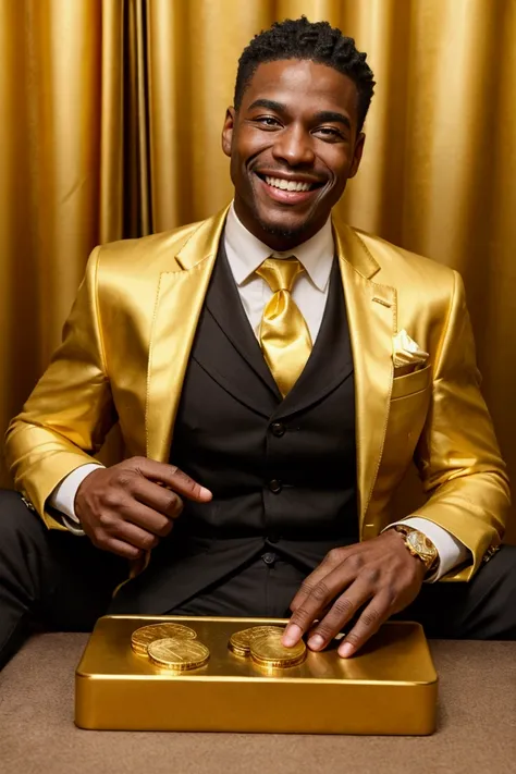  Black man smiling and wearing a gold suit and tie holding a gold bar with the logo written  "Gold reserve nelore " And some crypto coins on the table  