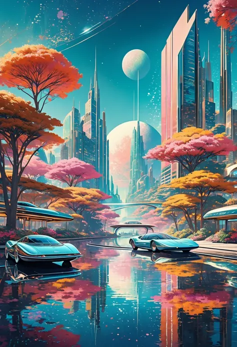 We take you through stunning retro-futuristic landscapes, sleek cityscapes, and serene natural scenes, all enhanced by art and a touch of cosmic surrealism. From high-tech vehicles to elegant characters in luxurious settings, every detail blends the past a...