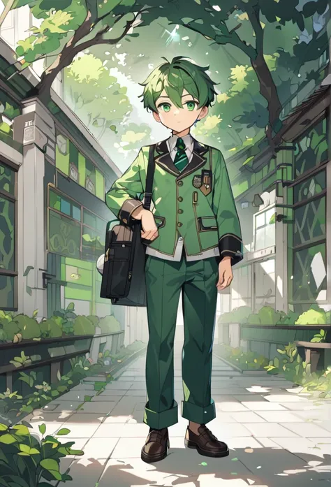 A green-eyed student boy ( full body ) 