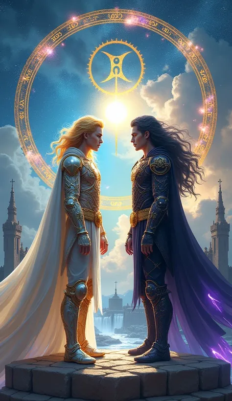 **Prompt for the image:**  

In a mystical, magical world, two twin warriors embody the ultimate contrast between light and darkness. The twin of light wears gleaming armor of silver and gold, adorned with radiant solar motifs and shimmering white crystals...