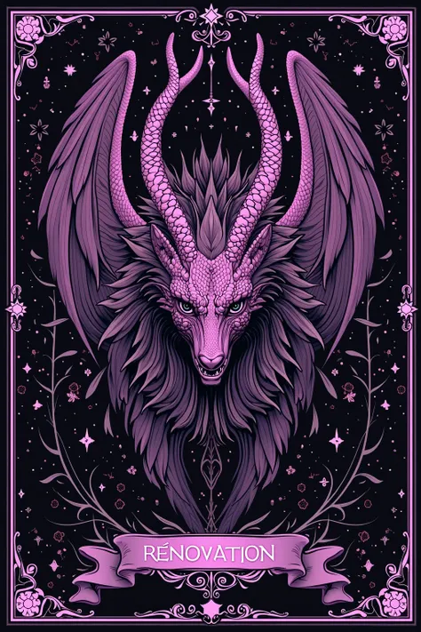  symmetric tarot card art concept by Danahamm in a ( animalistic )+  purple tones ,  Lovecraft Madness Theme ,   by Lee Bursten , Tarot512 , 8K, high detail, intricate, caixa de Title na parte inferior, Title "Rénovation "