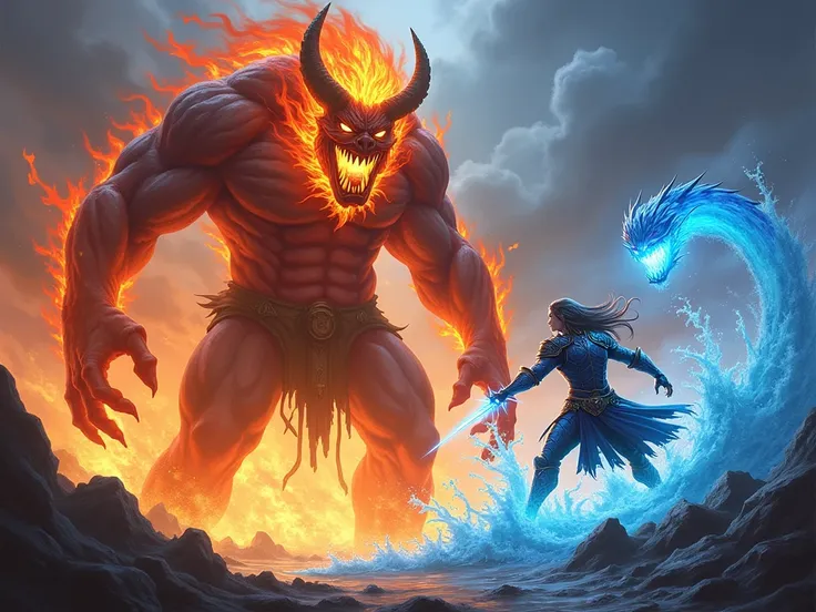 A giant fire demon fights against a water-breathing demon hunter who is about to end his life。Fantasy，Wizards of the Coast LLC，Hearthstone
