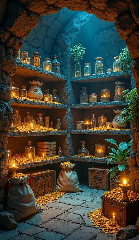 A hidden vault with shelves filled with ancient scrolls, crystal vials, and piles of enchanted gold coins. Magical runes carved into the stone walls glow softly, casting a blue and gold light. Ornate sacks and boxes are stacked neatly, overflowing with coi...