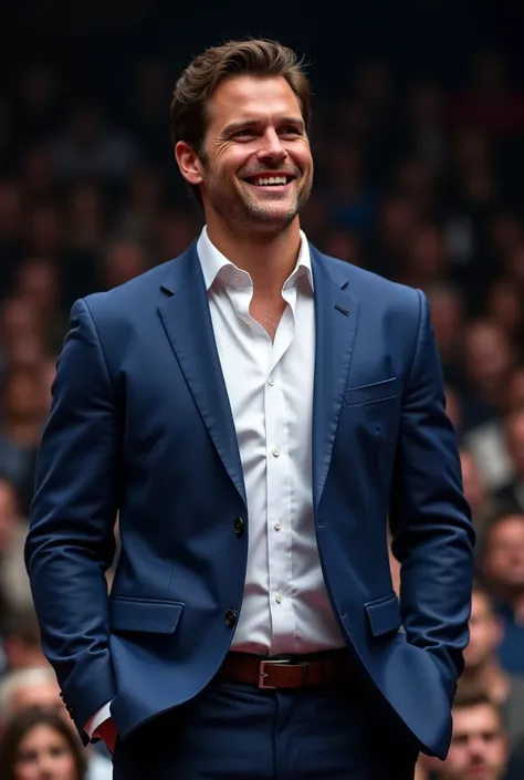 Actor Henry Cavill speaking at a crowded event, smiling and on stage. He is a young, muscular 27-year-old. He is attractively dressed. He is wearing a blue suit and a white dress shirt with no tie. Symmetrical eyes. Symmetrical faces. Lovely details. Photo...