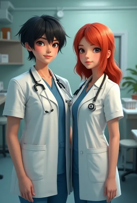 realistic image of 2 veterinary doctors: 
1 with short shoulder-length hair ,  is frizzy and black , with light skin, She HAS TO BE FRIZZY
One with waist-length hair,  red hair , with fair-skinned 
