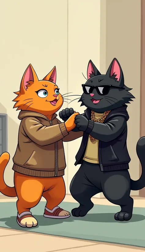 The orange cat wear home clothes and punches one black cat whos wear gangster clothes, who stumbles backward in shock.