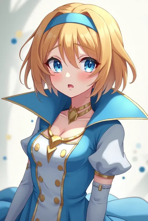 Angry Cute Blonde Anime Queen Maria Robtink with blue eyes wearing a blue headband and wearing a Blue Dress with a Massive Popped Collar taller than her head