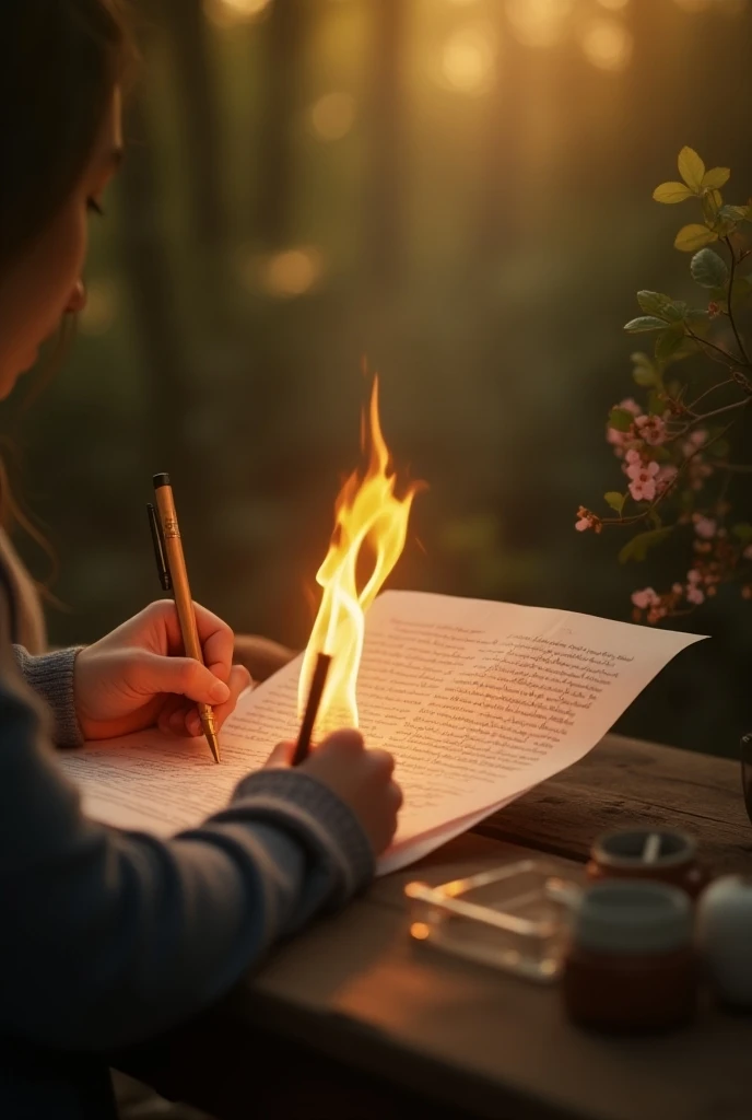 A peaceful scene of a person writing on a piece of paper, surrounded by soft light, with the paper being set on fire in a calm, symbolic way. The setting is tranquil, with natural elements like trees or flowers around, evoking feelings of release and forgi...