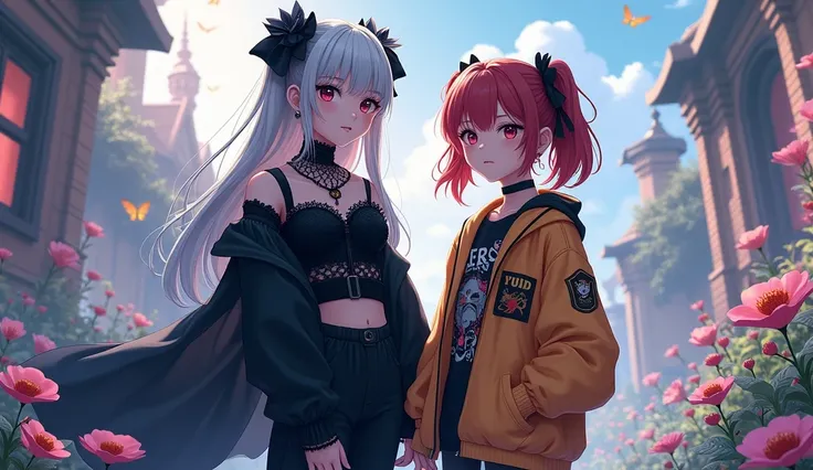 Two young friends ,  one in Gothic style and the other in street style.  Fantasy anime style art 2 .5D