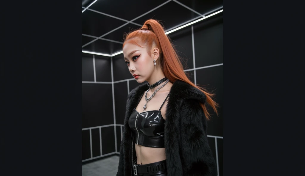 Portrait, Facing directly, Close up, funny portrait of face of Young Beautiful skinny top model Korean girl, pale skin, long silky bright red hair in a ponytail, wearing black futuristic latex revealing crop top with a black fur coat, silver necklace, stan...