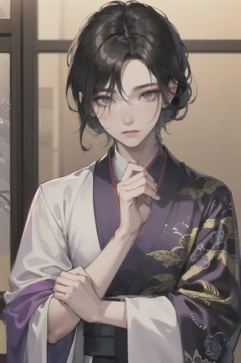 masterpiece, best quality, Detailed Eyes, 1 man, handsome, tall, fit, black hair, purple eyes, Oriental, Black Hanfu, bust, artist:fashionable, [20&#39;s, very small head, very small face],  shining eyes , pale skin, One adult male , Gorgeous decorations, ...