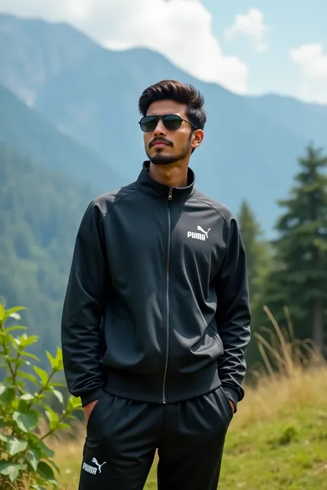 Genrate a image of 21 years old health india boy awaring a puma  track shut and aviator black glasses himachal pradesh nature in background